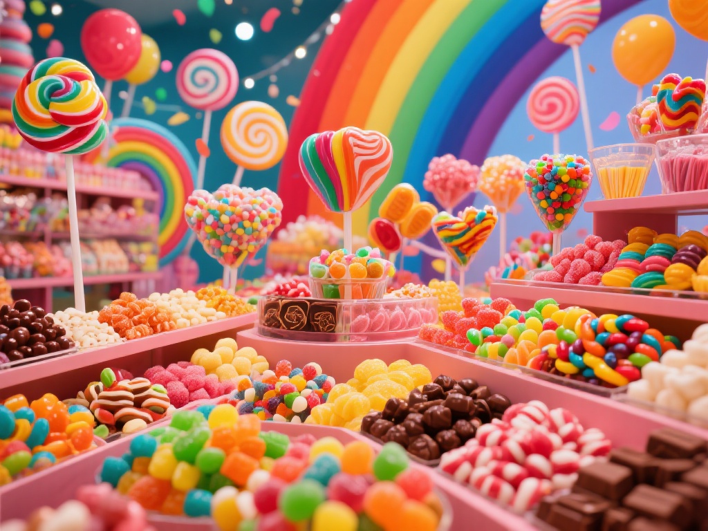 在糖果派对的庆典中，彩虹般多彩的糖果是主角。这里的